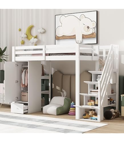 Lit Mezzanine 2 Places 140x200 Cm - Avec Escalier De Rangement, Barrières Hautes, étagère - Pour Adolescent, Enfant +6 Ans - Blanc Ou Noir, Sans Matelas