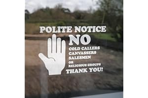 BLOSSOM PRINT Polite Notice no cold callers, canvassers, salesmen or religious groups. Reverse printed self adhesive sticker. White on clear - Self Adhesive Vinyl Internal Window Label. Size 98mm x 70mm sign.