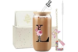 ZIOSINM Vaso con Pajita Letras A-Z, 500ml Vaso Cristal con Tapa y Pajita, Regalos Originales para Mujer, Ideal Regalos de Cumpleaños para Madre, Profesora, Mejore Amiga, Mujer (L)