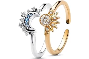 Uwiyo 2Pcs Ajustable Bagues Motif Lune Soleil Scintillantes Réglables Bague Bague d'amitié, Bijoux Lune Soleil Empilable, Pour couples
