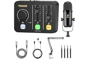TONOR Ensemble D'équipements de Podcast, Mixeur Audio avec Micro Dynamique ou Perche, Microphone XLR avec Interface Audio de Studio, Pack tout-en-un pour Podcasting, Streaming, Enregistrement POD-1