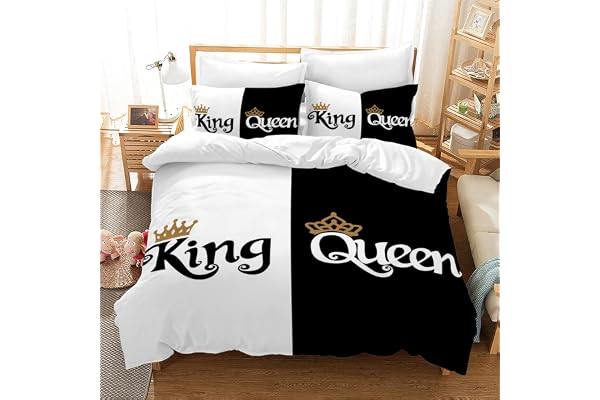 VTRXEG King E Queen påslakan, vitt och svart påslakan dubbelt, inklusive 1 påslakan och 2 örngott, sängkläder set för par (B, 200 x 200 cm)