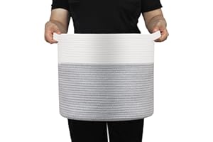ArcaGuru Laundry Basket, Cotton Rope Storage Laundry Bin, Rope Round Storage Basket with Handle, Blanket Basket Living Room, Storage Baskets for Towel, Throw, Pillow, 40 x 35 CM , White & Dark Grey