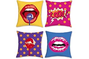 Bonhause Pop Art Throw Pillow Covers 18 x 18 Inch Set of 4 Lips Polka Dots Funky Decorative Pillow Cases Soft Velvet Cushion Covers for Sofa Couch Car Bed Home Decor