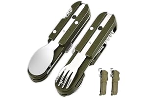GBKDQQ Lot de 2 couverts de camping pliants en acier inoxydable 5 en 1 - Ouvre-bouteille - Couverts de camping comme couteau, fourchette, cuillère - Couverts portables