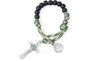 Nazareth Store Olive Military One Decade Khaki Paracord Rosenkranz Schwarze Perlen Taschen-Auto-Rosenkranz Schutz St. Benedikt-Medaille und Kruzifix