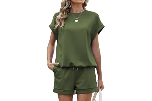 Famulily Crew Neck Womens Tracksuit Set Summer Co Ord Sets Solid Color 2 Piece Outfits Shirt and Shorts Set with Pockets S-XX