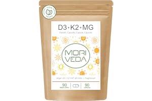 MoriVeda Vitamine D3 + K2 MK7 végétalienne avec 7000 UI de D3 et 200 µg de K2, 90 gélules, dépôt hebdomadaire hautement dosé avec magnésium, fabriqué en Allemagne, formule végétale