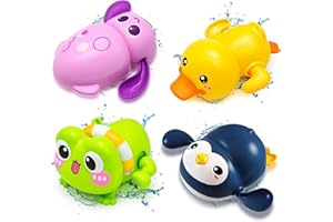 Chennyfun Juguete Baño Bebe, 4 Pez Juguetes Bañera para Bebe de 1 2 3 Año, Juegos de Agua Baño, Bañera Animales Flotante Juguetes-Pingüino Rana Pato Calamar, Juego de Ducha Piscina para Niño Niña