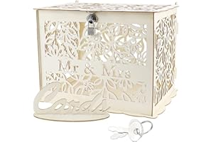 JaneYi Large Card Box 30x23x23cm - Unfinished Lockable Rustic Wood Gift Envelope Box With Sign, Lock and Slot for Wedding Reception, Anniversary Party - Mr & Mrs