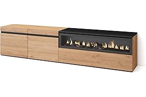 Skraut Home | TV-Schrank, Lowboard | für Wohnzimmer und Esszimmer | 200x45x35cm | Für TV-Geräte bis zu 80" | Elektrokamin. Maße | Moderner Stil | Eiche Schwarz