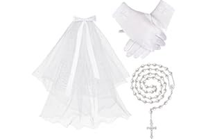 JADIVE First Holy Communion Veil and Gloves Set White Pearl Rosary Beads Catholic Necklace Long Holy Prayer Beads Necklace Girl's Short Fingered Communion Glove Bow Lace Veil with Fake Pearl for Christening