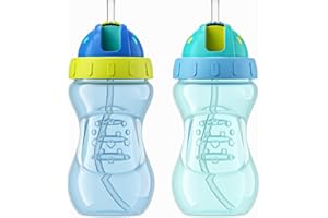 YOHKOH Sippy Cup with Flexible Straw, Leak-Proof Drinking Bottles for Children, 300 ml, Green/Blue, Pack of 2 | BPA Free