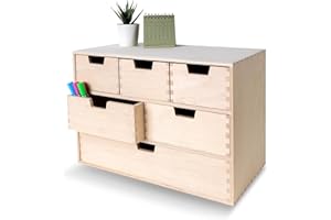 ‎CREATIVE DECO Creative Deco Drewniana Mini Komoda Organizer 6 Szufladek | 42 x 20 x 28.5 cm (+/- 1 cm) | Mała Szafeczka na Drobiazgi | Sklejka Niemalowana | Idealna do Przechowywania, Dekoracji i Decoupage'u