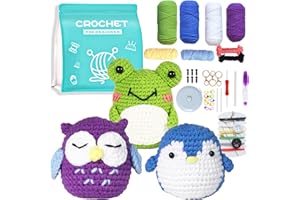 IFUNY Crochet Kit for Beginners Adults,Crochet Animal Kit, Complete Knitting Kit with Yarn, Crochet Hooks, Step-by-Step Video, Learn to Crochet Starter Kit for Beginners（Owl+Penguin+Frog