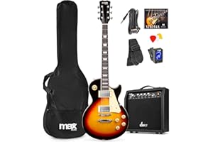 Max GigKit de Guitarra Eléctrica diseño LP para principiantes o profesionales. Guitarra Estilo LP con pastillas Humbucker, afinador digital, funda guitarra, cinta, cuerdas de repuesto, púas. Sunburst