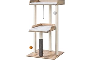 FourFurPets 111cm Katzenbaum, moderner Katzenbaumturm, Katzenturm für große Erwachsene Hauskatzen, großer Katzenbaum mit Kratzsäule, Katzenhöhle für Erwachsene Katzen, Greige