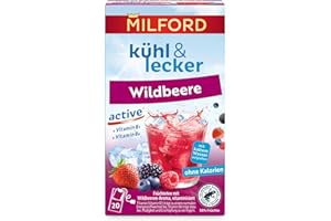 ‎MILFORD Milford kühl & lecker active Wildbeere | Ohne Kalorien | Ohne Zucker | Laktosefrei | Glutenfrei | Vegan | 20 Teebeutel |50 g