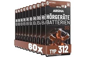 ABSINA Hörgerätebatterien 312 60 Stück mit gut greifbarer Schutzfolie - Batterien für Hörgeräte 312 Zink Luft mit 1,45V - Typ 312 Hörgeräte Batterie Braun - PR41 ZL3 P312 Hörgerätebatterien