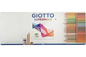 GIOTTO Supermina - Astuccio in Metallo da 50 Matite a Pastello Colorate + 2 Matite HB, Temperamatite e Gomma, 3.8mm, 50 Colori Assortiti