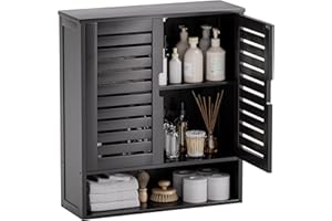 SMIBUY Armoire de Salle de Bain Murale, Organisateur de Rangement en Bambou au-Dessus de la Cuvette, Armoire à Pharmacie Gain de Place avec 2 Portes et étagères réglables (Noir)
