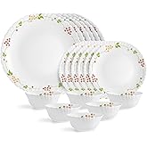 CELLO Secret Garden Dazzle Series Opalware Dinner Set of 18 Pieces for Family of 4 | Bone-Ash Free & Leadfree Opal Glass, Microwave & Dishwasher Safe,