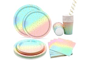 Vaisselle Anniversaire de fête,Feelhap 125pcs Vaisselle Fête,25 Invités Pastel Arc en Ciel Party Vaisselle avec Assiettes Gobelets Pailles Papier et Serviettes (Vaisselle Jetable de Fête)
