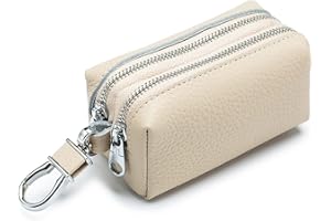 RRvane Genuine Leather Car Key Case, Unisex Double Zipper Keychain Wallet Coin Purse Bag with Metal Hook (Ecru)