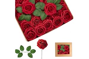 YAYAFUNFUN 25Pcs Roses Artificielles Rouge,En Mousse Faux Roses Avec Tiges, Rose Artificielles Cimetiere,De Faux Ivoire Rose pour Deco Mariage,Décoration d'anniversaire, Saint Valentin,Décoration de Gâteau