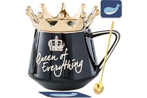 Arawat Queen of Everything Filiżanka z pokrywką, słodka czarna, prezent z koroną, kubek do kawy z łyżeczką i podstawką, 350 ml, ceramiczny kubek do herbaty, prezent urodzinowy dla kobiet, dziewcząt,