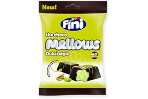 Fini - Choco Mellows | Nubes Cubiertas de Chocolate Rellenas de Pistacho, Estilo Dubai | Mallows ideales para Pascua, Navidades o Cumpleaños | Espumas Sin Gluten - 80g