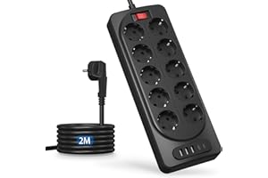 ‎KINGLINK Listwa zasilająca z 10 gniazdami USB C, płaska wtyczka z przełącznikiem, ochrona przed przepięciem, listwa zasilająca, montaż ścienny, do domu, biura, czarna (Kabla 2m)