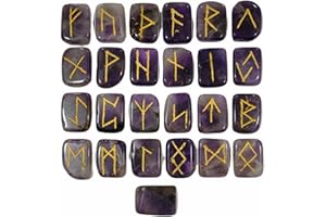 EMPYREAL STONES Amethyst Runes Crystal Rune Stones Set Elder futhark Viking Gemstone Reiki Healing Golden Engraved Runic Alphabets (Amethyst)