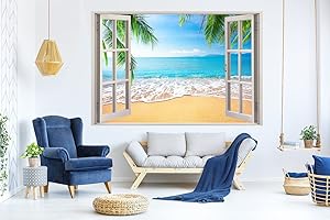 Oedim Vinilo Ventana Playa Palmeras | 150x130cm | Adhesivo Incluido | Decoracion Habitación | Pegatina Adhesiva | Multicolor | Diseño Profesional