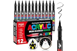 Camiki Art 12 Black acrylic paint pen, Waterproof Paint Markers for Rock, Wood, Pebbles, Glass, Ceramic, Stones, Fabric, Canvas, Craft - Brush Pens, black Permanent Marker Pen Set