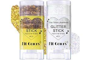 Baorder 2 pezzi Stick glitterato arcobaleno e oro per corpo e viso, trucco natalizio con glitter per capelli, paillettes scintillanti da sirena, glitter impermeabile per festival e rave per donne