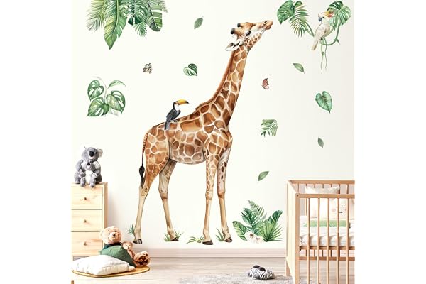 decalmile Stickers Muraux Enfants Girafe Grand Autocollant Mural Animaux Safari Girafe Feuilles Tropical Décoration Murale Bébé Pépinière Chambre Enfants