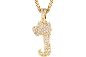 Richsteel Mens Womens Crown Initial Letter A-Z Pendant Necklace, Full Cubic Zirconia, Old School Hip Hop Style, 18K Gold/Silver/Black, Resizable 22"-24" Wheat Chain
