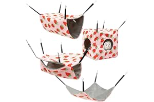 RHAIQBVC 4Pcs Hamster Hammock Set Rat Hanging Bed House Washable Guinea Pig Hideout Bed Soft Ferret Hanging Nest for Chinchilla Sugar Glider Squirrel(Pink Strawberry)