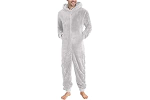 YOSUWOAI Herren Jumpsuit Kuschelig Lustig Lang Pyjama Winter Warm Plüsch Overall Schlafoverall Reißverschluss Teddy Fleece Einteiler Onesie Schlafanzug mit Seitentaschen Weich Loungewear