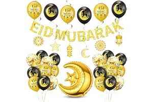 BLUELVES Decoration Ramadan, Aid Moubarak Décoration Or Noir, Ramadan Ballons Etoile Lune, Guirlande Ramadan Mubarak Suspendus, Ballons Eid Mubarak pour Ramadan Kareem Décor Fête Maison