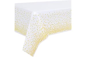Duocute 2 Pezzi Tovaglia per Feste Bianca e Oro Usa e Getta per Tavolo Rettangolare, Copritavolo con Coriandoli a Pois Dorati per Battesimo Nuziale, Fidanzamento, Matrimonio, 137 cm x 274 cm
