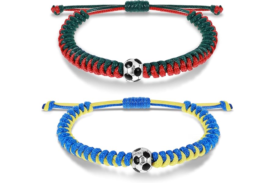 Mabor 2Pcs Soccer Bracelets, Adjustable Braided Football Bracelet Stylish Soccer Fans Accessories for Men Women Boys Girls Team Spirit Gifts