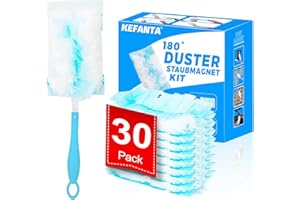 KEFANTA 180°Fluffy Duster Refills, Flash Dust Magnet Refill for Swiffer,Disposable Microfiber Duster Heads with1 Handle, Hand Duster Refills for Home Office Blinds,30 Packs