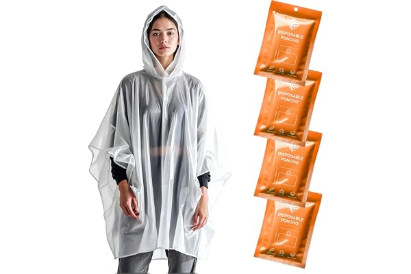 ZENO Engångsregnponchos för vuxna - Klar med huva, kompakta nödregnponchos för vandring, camping, resor - Förpackning med 4 - Orange Glow Edition
