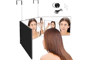 Jacgood 360 Degree Mirror with LED Folding Mirror Hairdressing Mirror 3-Way Shaving Mirror with Holders, Height-Adjustable Cosmetic Mirror Shaving Mirror Hairdressing Mirror for Makeup Shaving Styling