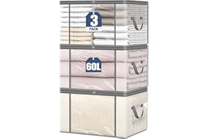 Aevcvok 3 Pezzi Scatole per Armadio 60L Trasparenti, Scatole per Vestiti Pieghevoli con Doppia Cerniera e Manici, Contenitori Vestiti Qrganizer Armadio Salvaspazio