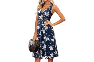 II ININ Women's Summer V Neck Sleeveless Casual Button Down Tank Dress Midi Floral Beach Party Sundress with Pockets