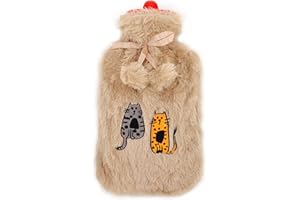 ‎BIGGDESIGN Biggdesign Cats Wärmflasche mit waschbarem und weichem Plüschbezug, Bettflasche für Kinder und Erwachsene, 2L Wärmflasche für Rücken- und Bauchschmerzen, Hot Water Bottle, beige