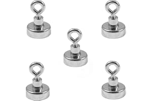 Magnetastico® | 5 pezzi magneti con occhiello in neodimio N35 20 mm Ø | Forza di tenuta 9.0 kg | 5 pezzi magneti in neodimio molto potenti con base e eyebolt, zincato